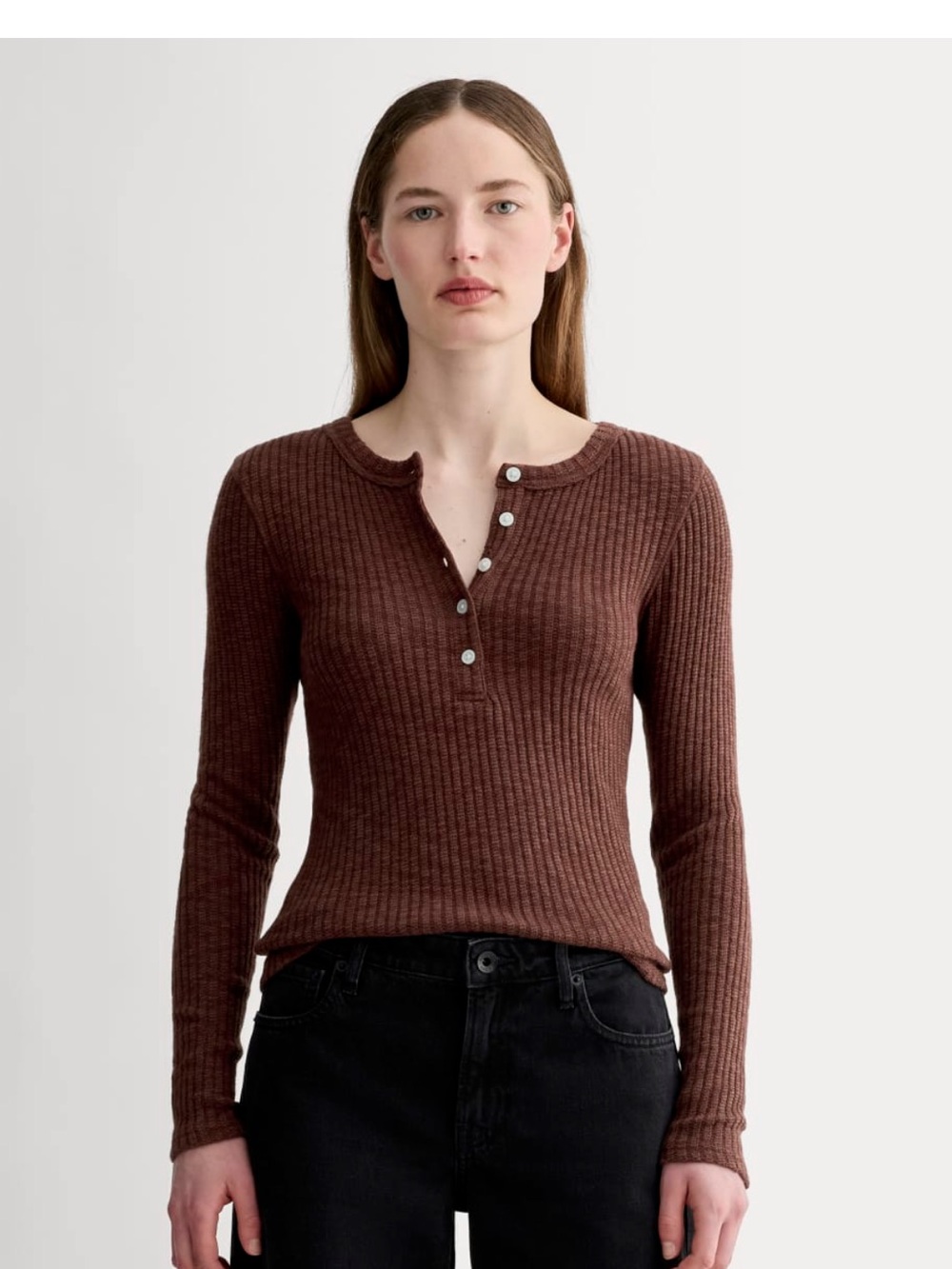 NWT - Everlane Ribbed Henley Long-Sleeve Top in Dark Mahogany